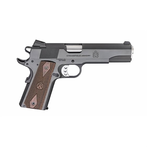 Picture of Springfield Garrison, 1911, Single Action Only, Semi-automatic, Metal Frame Pistol, Full Size, 45 ACP, 5" Match Grade Barrel, Steel, Blued Finish, Black, Thinline Wood Grips, Low Profile Combat 3 Dot Sights, Grip Safety, 7 Rounds, 1 Magazine PX9420