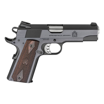 Picture of Springfield Garrison, 1911, Single Action Only, Semi-automatic, Metal Frame Pistol, Commander Size, 45 ACP, 4.25" Match Grade Barrel, Steel, Blued Finish, Black, Thinline Wood Grips, Low Profile Combat 3 Dot Sights, Grip Safety, 7 Rounds, 1 Magazine PX9418