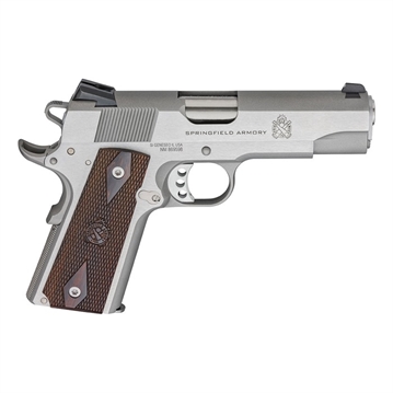 Picture of Springfield Garrison, 1911, Single Action Only, Semi-automatic, Metal Frame Pistol, Commander Size, 45 ACP, 4.25" Match Grade Barrel, Steel, Stainless Finish, Silver, Thinline Wood Grips, Low Profile Combat 3 Dot Sights, Grip Safety, 7 Rounds, 1 Magazine PX9418S