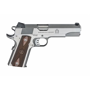 Picture of Springfield Garrison, 1911, Single Action Only, Semi-automatic, Metal Frame Pistol, Full Size, 45 ACP, 5" Match Grade Barrel, Steel, Stainless Steel Finish, Silver, Thinline Wood Grips, Low Profile Combat 3 Dot Sights, Grip Safety, 7 Rounds, 1 Magazine PX9420S
