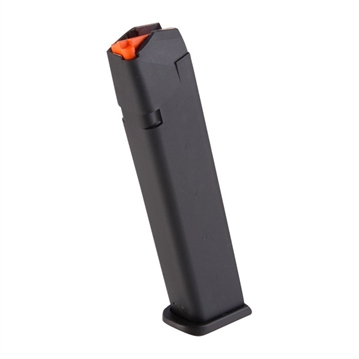 Picture of GLOCK OEM Magazine, 9MM, 24 Rounds, For GLOCK 17/34, Cardboard Style Packaging, Orange Follower, Black 47464