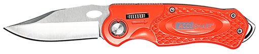 Picture of AccuSharp Sport 3" Folding Plain Stainless Steel Blade/Blaze Orange Anodized Aluminum Handle Includes Belt Clip 709C