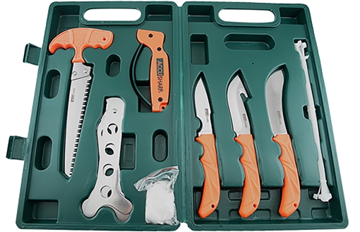 Picture of AccuSharp Game Processing Kit Butcher/Caper/Gut-Hook/Bone Saw/Ribcage Spreader Gut Hook/Saw/Plain Stainless Steel Blade Orange FRN Handle 728C