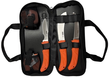 Picture of AccuSharp Processing Kit Fixed Butcher/Caping/Gutting Plain Stainless Steel Blades/Blaze Orange Non-Slip Grip 6 Piece Includes Nylon Case 738C
