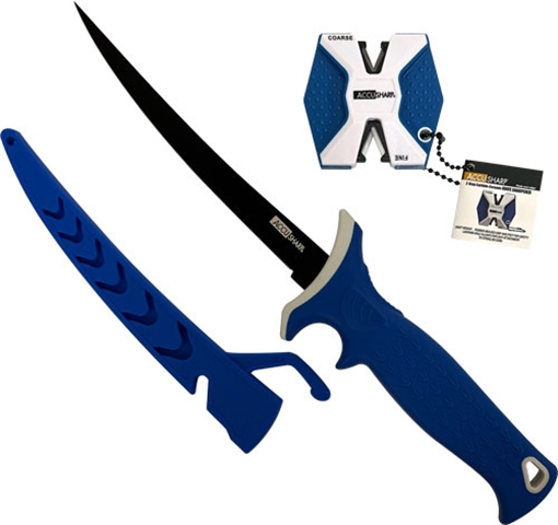 Picture of AccuSharp Fillet w/Sharpener 6.50" Fixed Fillet Plain Satin Titanium Coated Stainless Steel Blade/Royal Blue Ergonomic Anti-Slip Rubber Handle Includes 2-Step Sharpener 736C