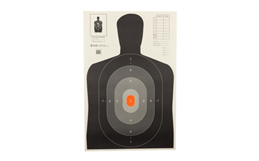 Picture of Action Target B-27E Pros Target, Shaded Scoring Rings Starting Outside And Going Dark To Light With A Bright Orange Center, Silhouette Cut Off Below Ring 7, 23"x35", 100 Per Box B-27EPROS-100 B27EPROS100