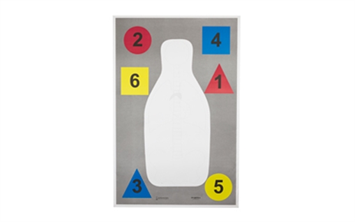 Picture of Action Target DT-ANTQ-A Anatomy And Command Training Multi Purpose Target, FBI-Q Target, Vital Anatomy And Shapes, Black/Red/Blue/Yellow, 23"x35", 100 Per Box DT-ANTQ-A-100 DTANTQA100