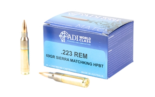 Picture of ADI World Class Ammunition Match, Sierra HPBT MatchKing, .223 Remington, 69 Grain, Brass Cased, 20 Round Box ADI9332153003289