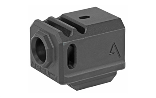 Picture of Agency Arms Gen3 Compensator, Features two chamber design-2 vertical ports and 2 side venting ports, Front sight hole, Two set screws with an Allen Wrench and a vial of Rockset are included in package, Fits Glock 17/19/34, Standard 1/2 x 28 thread pitch, Black finish 417-3-BLK