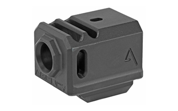 Picture of Agency Arms Gen3 Compensator, Features two chamber design-2 vertical ports and 2 side venting ports, Front sight hole, Two set screws with an Allen Wrench and a vial of Rockset are included in package, Fits Glock 17/19/34, Standard 1/2 x 28 thread pitch, Black finish 417-3-BLK