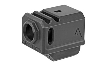 Picture of Agency Arms Gen4 Compensator, Features two chamber design-2 vertical ports and 2 side venting ports, Front sight hole, Two set screws with an Allen Wrench and a vial of Rockset are included in package, Fits Glock 17/19/34, Standard 1/2 x 28 thread pitch, Black finish 417-4-BLK