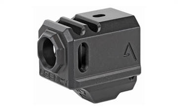 Picture of Agency Arms Glock 43 Compensator, Features two chamber design-2 vertical ports and 2 side venting ports, Front sight hole, Two set screws with an Allen Wrench and a vial of Rockset are included in package, Fits Glock 43, Standard 1/2 x 28 thread pitch, Black Finish 417-G43-BLK