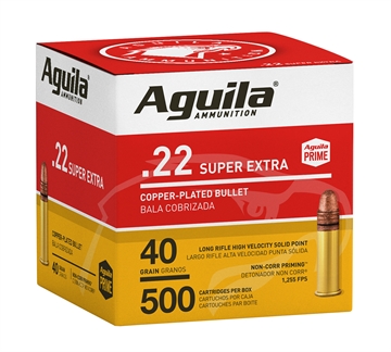 Picture of Aguila Ammunition Rimfire, 22 LR, 40 Grain, Copper Plated Solid Point, Hi-Velocity, 500 rounds per box, 2000 rounds per case 1B221115
