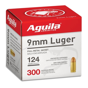 Picture of Aguila Ammunition 9mm Luger Handgun Ammo - 124 Grain FMJ BP300 300rd Box 1E092108