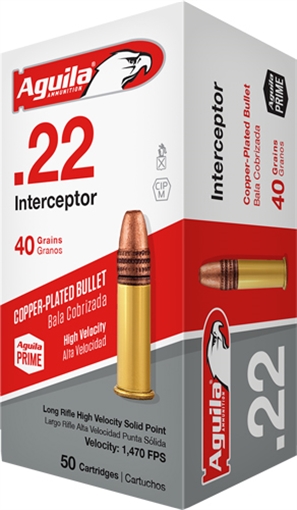Picture of Aguila Ammunition .22 LR Interceptor Rifle Ammo - 40 Grain | Copper Plated Solid Point | 1000rd Case 1B220320