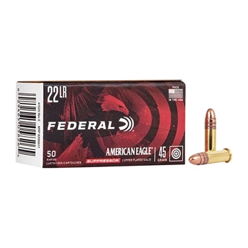 Show details for Federal American Eagle, Suppressor Ammunition, 22LR, 45 Grain, Copper Plated Lead Round Nose, 50 Round Box AE22SUP1 Picture of Federal American Eagle, Suppressor Ammunition, 22LR, 45 Grain, Copper Plated Lead Round Nose, 50 Round Box AE22SUP1