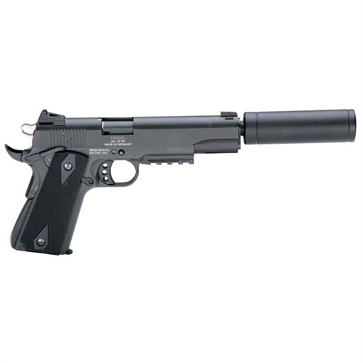Picture of American Tactical 1911 ADOP, Semi-automatic, Metal Frame Pistol, Full Size, 22LR, 5" Threaded Barrel, Alloy, Blued Finish, Polymer Grips, 10 Rounds, 1 Magazine, Includes Faux Suppressor GERG1911ADOP