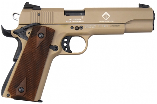 Picture of GSG GSG2210M1911T 1911 22 LR 10+1 5" Threaded Barrel, Tan Serrated Slide & Zinc Alloy w/Beavertail Frame, Double Diamond Walnut Grip GSG2210M1911T GERG2210M1911T