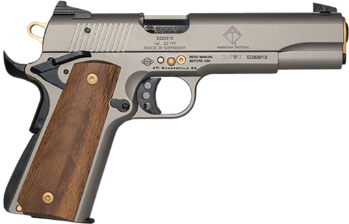 Picture of ATI GSG2210M1911AN15 GSG 1911 15 Year Anniversary Edition Full Size Frame 22 LR 10+1 5" Black Threaded Barrel, Frost Gray Serrated Slide, Frost Gray w/Gold Accents Zinc Alloy Frame, Light Wood Grip GSG2210M1911AN15 GERG2210M1911AN1