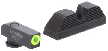 Picture of AmeriGlo UC, Sight, Fits Glock 17,19,22,23,24,26,27,33,34,35,37,38,39, Green Tritium LimeGreen Lumi Outline Front, Black Serrated Round Notch Rear GL-354 GL354
