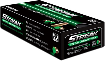 Picture of STREAK Ammunition Streak Target, 9MM, 124 Grain, Total Metal Coating Non-Incendiary Green Tracer Bullet, 50 Round Box 9124TMC-GRN 9124TMCSTRKGRN50
