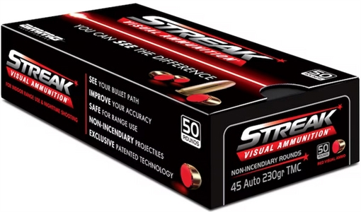 Picture of STREAK Ammunition Streak Target, 45 ACP, 230 Grain, Total Metal Coating Non-Incendiary Red Tracer Bullet, 50 Round Box 45230TMC-RED 45230TMCSTRKRED50
