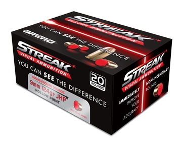 Picture of Ammo Inc STREAK Defense 9mm Luger Handgun Ammo - 124 Grain JHP Red 9124JHP-STRK-RED 9124JHPSTRKRED
