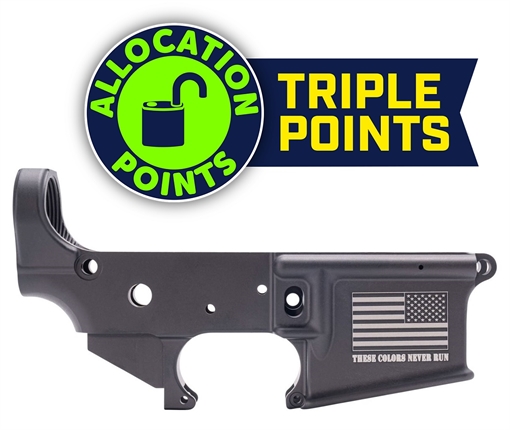 Picture of Anderson AM-15 Forged Stripped AR15 Lower Receiver - Black | Flag & "These Colors Never Run" Slogan | Retail Packaging D2-K067-A006-0P