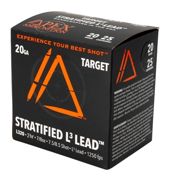 Picture of Apex Ammunition Target Stratified L3 Shotshells 20ga 2-3/4" 7/8oz 1250 fps #7.5 & #8.5 25/ct ET20-7585