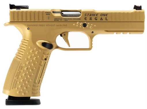 Picture of American Precision Firearms Strike One, Ergal, Semi-automatic, Striker Fired, Full Size, Aluminum Frame Pistol, 9MM, 5" Barrel, No Manual Safety, Brushed Finish, Gold Slide and Frame, Fiber Optic Front Sight with Adjustable Rear, Optic Ready, 17 Rounds, 2 Magazines AFS1E-9-GD-17-OR