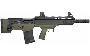 Picture of American Tactical Bulldog, Semi-automatic Shotgun, Bullpup, 12 Gauge 3" Chamber, 18.5" Barrel, Matte Finish, Olive Drab Green and Black, Open Iron Sights, AR Style Charging Handle, 3-Piece Choke Tube Set, Adjustable Cheek Rest, Picatinny and M-LOK Rail, 5 Rounds, 1 Magazine ATIG12BDG