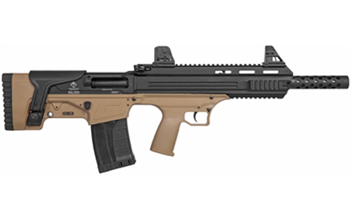 Picture of American Tactical Bulldog, Semi-automatic Shotgun, Bullpup, 12 Gauge 3" Chamber, 18.5" Barrel, Matte Finish, Flat Dark Earth and Black, Open Iron Sights, AR Style Charging Handle, 3-Piece Choke Tube Set, Adjustable Cheek Rest, Picatinny and M-LOK Rail, 5 Rounds, 1 Magazine ATIG12BDT