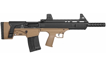 Picture of American Tactical Bulldog, Semi-automatic Shotgun, Bullpup, 12 Gauge 3" Chamber, 18.5" Barrel, Matte Finish, Flat Dark Earth and Black, Open Iron Sights, AR Style Charging Handle, 3-Piece Choke Tube Set, Adjustable Cheek Rest, Picatinny and M-LOK Rail, 5 Rounds, 1 Magazine ATIG12BDT