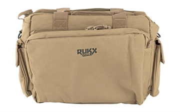 Picture of Rukx Gear Tactical Range Bag Water Resistant Tan 600D Polyester with Hidden Handgun Pocket, Mag & Ammo Storage, Non-Rust Zippers & Carry Handle 16" x 7.50" x 10.50" Interior Dimensions ATICTRBT