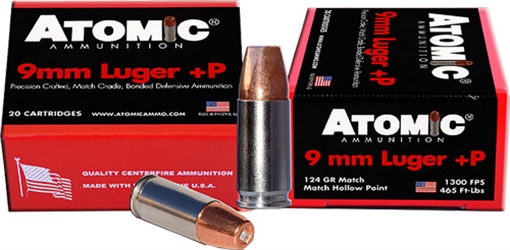 Picture of Atomic Ammunition Pistol Precision Craft 9mmLuger +P 124gr Bonded Match Hollow Point 20 Per Box/10 Case 00454
