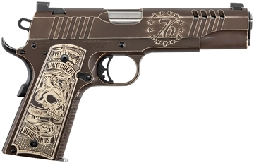 Picture of Auto Ordnance 1911, 1776 Special Edition, Semi-automatic, 1911, Full Size, Metal Frame, 45 ACP, 5" Barrel, Plum Brown Cerakote with Desert Sand Accents, Custom Engraving, Aluminum Custom Engraved Grips, Day Combat Sights, Manual Safety, 7 Rounds, 1 Magazine 1911TCAC16