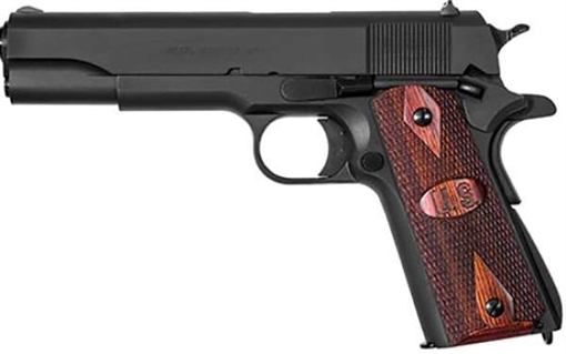 Picture of Auto-Ordnance 1911 A1 GI Spec 45 ACP 7+1, 5" Stainless Steel Barrel, Matte Black Serrated Carbon Steel Slide & Frame w/Beavertail, Checkered Wood w/Integrated US Logo Grip 1911BKOW