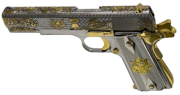 Picture of AUTO ORDNANCE HGA 45 AUTO 5IN BBL 1/7RD MAG 1911A1 NICKEL PLATED AMER PATRIOT GOLD ACCENTS 1911BKOPATRIOT AUTG1911BKOPATRIOT