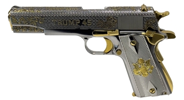 Picture of AUTO ORDNANCE HGA 45 AUTO 5IN BBL 1/7RD MAG 1911A1 NICKEL PLATED TRUMP 45 GOLD ACCENTS 1911BKOTRUMP AUTG1911BKOTRUMP