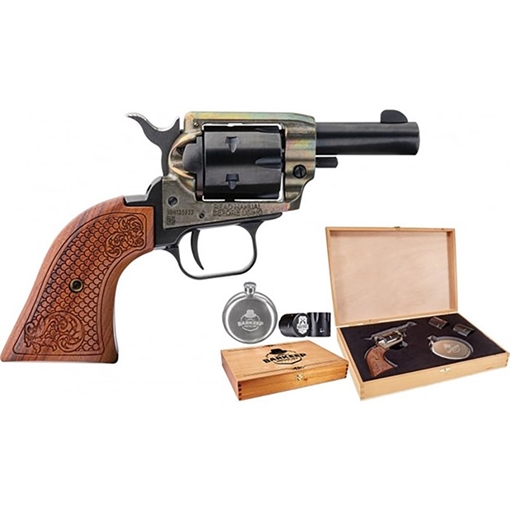 Picture of HERITAGE BARKEEP KIT HGR 22LR 2" BBL BK/CH 6/RD W/WOOD BOX SS FLASK 2 CYLINDER SHOTGLASSES BK22CH2KIT