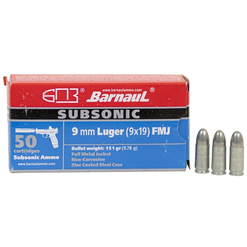 Picture of BARNAUL AMO 9MM 151GR FMJ SUBSONIC ZINC COATED STEEL CASE 50-RD BOX (10 BOXES PER CASE) BRN 9MM ZN FMJ151 SUB