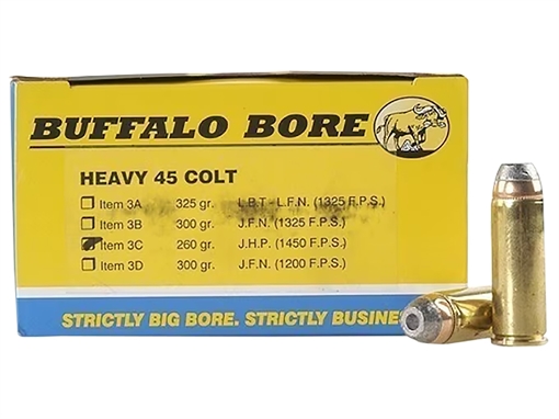 Picture of Buffalo Bore Ammunition Heavy Strictly Business 45Colt +P 260gr Jacketed Hollow Point 20 Per Box/12 Case 3C20