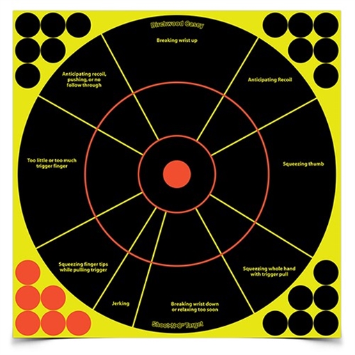 Picture of Birchwood Casey Shoot-N-C Reactive Target Self-Adhesive Paper Black/Yellow/Red 12" Bullseye 50 Pack *Worn, Damaged Pkg/Bagged 34075