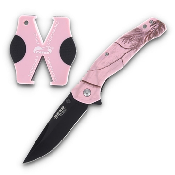 Picture of Bear & Son Edge Brisk 2.0 Folding Knife & Sharpener Combo Drop Point Blade Pink Camo 71826