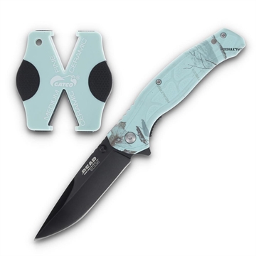 Picture of Bear & Son Edge Brisk 2.0 Folding Knife & Sharpener Combo Drop Point Blade Teal Camo 71828