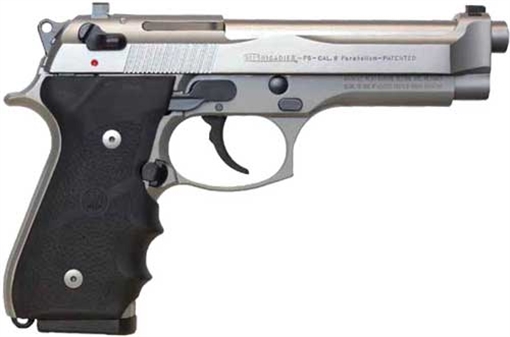 Picture of Beretta 92FS, Brigadier, Double Action/Single Action, Semi-automatic, Metal Frame Pistol, Full Size, 9MM, 4.9" Barrel, Inox Finish, Rubber Grips, 3 Dot Sights, Ambidextrous Safety, 10 Rounds, 2 Magazines, California Compliant J92F560CA