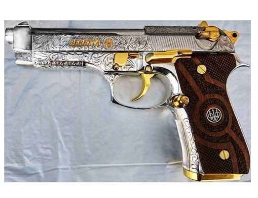 Picture of BERETTA 92 HGA 9MM 4.9 BL S HIGH POLISH NICKEL ENGRAVED WITH GOLD ACCENTS WOOD GRIPS 3/15RD MAGS J92F630GPWG