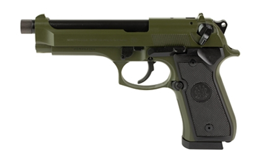 Picture of Beretta USA 92FS Full Size 9mm Luger 18+1 5.10" Black Threaded Barrel, OD Green Cerakote Serrated Slide, OD Green Cerakote Aluminum Frame w/Beavertail, Black Textured Grip J92F300GRTB18