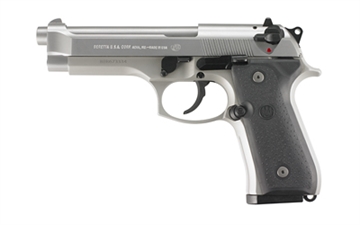 Picture of Beretta 92FS, INOX, Double Action/Single Action, Semi-automatic, Metal Frame Pistol, Full Size, 9MM, 4.9" Barrel, Silver INOX Finish, Rubber Grips, 3 Dot Sights, 10 Rounds, 2 Magazines, California Compliant JS92F510CA