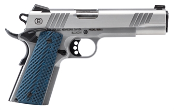 Picture of Bersa B1911 Full Size Frame 45 ACP 8+1 5" Stainless Steel Barrel, Polished Stainless Serrated Steel Slide, Matte Stainless Stainless Steel Frame w/Beavertail, Blue VZ Grip, Ambidextrous B19117050SMBL